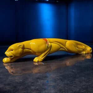 Mid Century Yellow Ceramic Panther Figurine – Rare Red Accent Glaze – 1950s